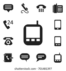 Set Of 12 Editable Device Icons. Includes Symbols Such As Address Notebook, Forum, Smartphone And More. Can Be Used For Web, Mobile, UI And Infographic Design.