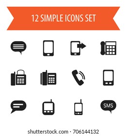 Set Of 12 Editable Device Icons. Includes Symbols Such As Forum, Message, Share Display And More. Can Be Used For Web, Mobile, UI And Infographic Design.