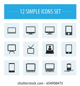 Set Of 12 Editable Devices Icons. Includes Symbols Such As Monitor, Clavier, Screen And More. Can Be Used For Web, Mobile, UI And Infographic Design.