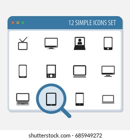 Set Of 12 Editable Devices Icons. Includes Symbols Such As Monitor, Telly, Tablet Phone And More. Can Be Used For Web, Mobile, UI And Infographic Design.