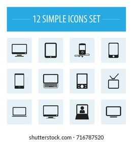 Set Of 12 Editable Devices Icons. Includes Symbols Such As Screen, Notebook, Television And More. Can Be Used For Web, Mobile, UI And Infographic Design.