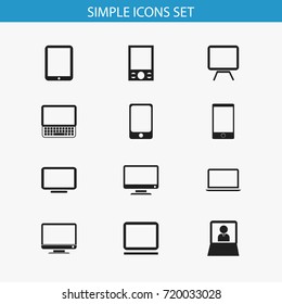 Set Of 12 Editable Devices Icons. Includes Symbols Such As Clavier, Notebook, Smartphone And More. Can Be Used For Web, Mobile, UI And Infographic Design.