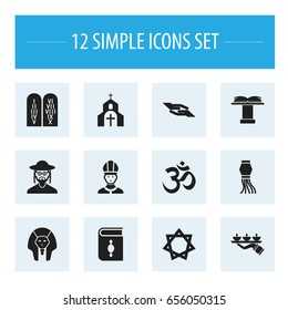 Set Of 12 Editable Dyne Icons. Includes Symbols Such As Candle Light, Religious Book, Church. Can Be Used For Web, Mobile, UI And Infographic Design.