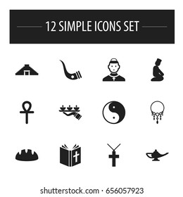 Set Of 12 Editable Dyne Icons. Includes Symbols Such As Cardinal, Diwali, Egyptian Cross And More. Can Be Used For Web, Mobile, UI And Infographic Design.