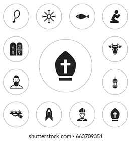 Set Of 12 Editable Dyne Icons. Includes Symbols Such As Holy Bull, Blessing, Sun Symbol And More. Can Be Used For Web, Mobile, UI And Infographic Design.