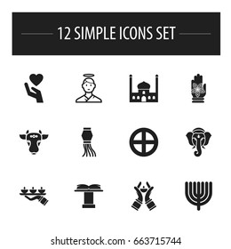 Set Of 12 Editable Dyne Icons. Includes Symbols Such As Holy Bull, Cherub, Plus In Circle And More. Can Be Used For Web, Mobile, UI And Infographic Design.