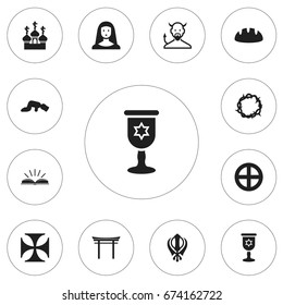 Set Of 12 Editable Dyne Icons. Includes Symbols Such As Wineglass, Shinto, Holy Sister And More. Can Be Used For Web, Mobile, UI And Infographic Design.