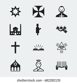 Set Of 12 Editable Dyne Icons. Includes Symbols Such As Scripture, Masonic, Temple And More. Can Be Used For Web, Mobile, UI And Infographic Design.