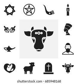 Set Of 12 Editable Dyne Icons. Includes Symbols Such As Holy Bull, Muslim, Cleopatra And More. Can Be Used For Web, Mobile, UI And Infographic Design.