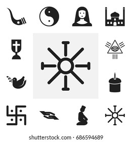 Set Of 12 Editable Dyne Icons. Includes Symbols Such As Tusk, Prayer, Chapel And More. Can Be Used For Web, Mobile, UI And Infographic Design.