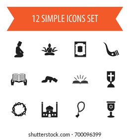 Set Of 12 Editable Dyne Icons. Includes Symbols Such As Chapel, Wineglass, Christ Wreath And More. Can Be Used For Web, Mobile, UI And Infographic Design.