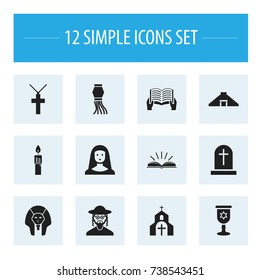 Set Of 12 Editable Dyne Icons. Includes Symbols Such As Christian Cross, Fire Wax, Pyramid And More. Can Be Used For Web, Mobile, UI And Infographic Design.