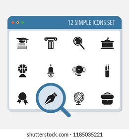 Set of 12 editable education icons. Includes symbols such as knowledge, school ring, case and more. Can be used for web, mobile, UI and infographic design.