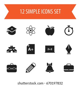Set Of 12 Editable Education Icons. Includes Symbols Such As Eraser, Jingle, Writing Board And More. Can Be Used For Web, Mobile, UI And Infographic Design.