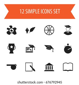 Set Of 12 Editable Education Icons. Includes Symbols Such As Goblet, Chronometer, Blower And More. Can Be Used For Web, Mobile, UI And Infographic Design.