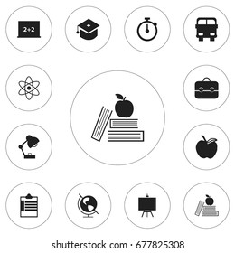 Set Of 12 Editable Education Icons. Includes Symbols Such As Lighting, Textbook, Molecule And More. Can Be Used For Web, Mobile, UI And Infographic Design.