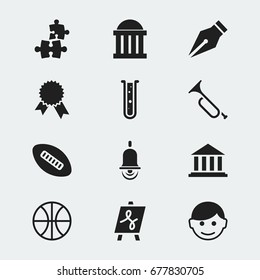 Set Of 12 Editable Education Icons. Includes Symbols Such As Alarm Bell, Museum, Victory Medallion And More. Can Be Used For Web, Mobile, UI And Infographic Design.