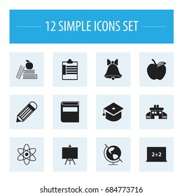 Set Of 12 Editable Education Icons. Includes Symbols Such As Eraser, Jingle, Kindergarten And More. Can Be Used For Web, Mobile, UI And Infographic Design.
