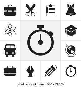 Set Of 12 Editable Education Icons. Includes Symbols Such As Transport Vehicle, Eraser, Nib And More. Can Be Used For Web, Mobile, UI And Infographic Design.