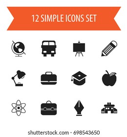 Set Of 12 Editable Education Icons. Includes Symbols Such As Portfolio, Earth Planet, Lighting And More. Can Be Used For Web, Mobile, UI And Infographic Design.