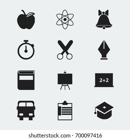 Set Of 12 Editable Education Icons. Includes Symbols Such As Nib, Timer, Apple And More. Can Be Used For Web, Mobile, UI And Infographic Design.