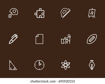 Set Of 12 Editable Education Outline Icons. Includes Symbols Such As Puzzle, Helm, Pen And More. Can Be Used For Web, Mobile, UI And Infographic Design.