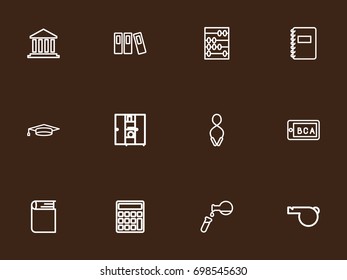 Set Of 12 Editable Education Outline Icons. Includes Symbols Such As Folder, Academic Hat, Classbook And More. Can Be Used For Web, Mobile, UI And Infographic Design.