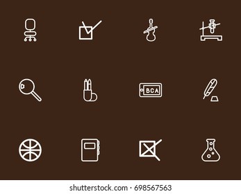 Set Of 12 Editable Education Outline Icons. Includes Symbols Such As Flask, Dictionary, Cover And More. Can Be Used For Web, Mobile, UI And Infographic Design.