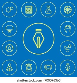 Set Of 12 Editable Education Outline Icons. Includes Symbols Such As Calculate, Sport, Basketball And More. Can Be Used For Web, Mobile, UI And Infographic Design.