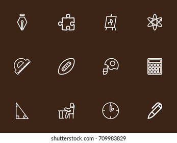 Set Of 12 Editable Education Outline Icons. Includes Symbols Such As Helm, Rugby, Flipchart And More. Can Be Used For Web, Mobile, UI And Infographic Design.