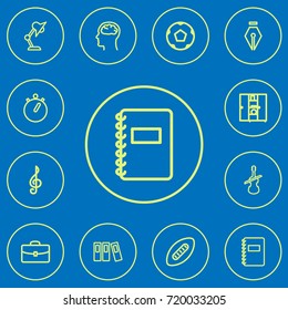 Conjunto De 12 Iconos De Esquema De Educación Editable. Incluye Símbolos Como Case, Treble Clef, Ball Y Más. Se Puede Usar Para Diseño Web, Móvil, UI E Infográfico.