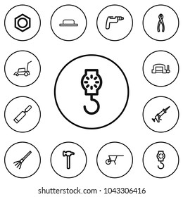 Set of 12 editable equipment icons line style. Includes symbols such as shovel, wheelbarrow, grass cutting and more. Can be used for web, mobile, UI and infographic design.