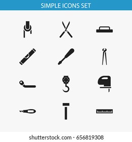 Set Of 12 Editable Equipment Icons. Includes Symbols Such As Balance, Scale, Measure And More. Can Be Used For Web, Mobile, UI And Infographic Design.