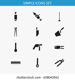 Set Of 12 Editable Equipment Icons. Includes Symbols Such As Drill, Trowel, Skimmer And More. Can Be Used For Web, Mobile, UI And Infographic Design.