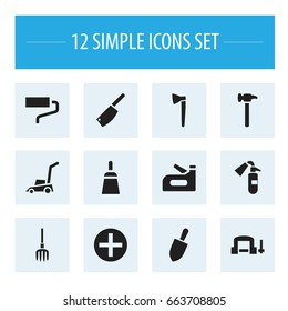 Set Of 12 Editable Equipment Icons. Includes Symbols Such As Hatchet, Repairing Tool, Cleaver And More. Can Be Used For Web, Mobile, UI And Infographic Design.