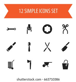 Set Of 12 Editable Equipment Icons. Includes Symbols Such As Hatchet, Screw Head , Handle. Can Be Used For Web, Mobile, UI And Infographic Design.