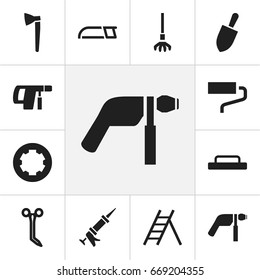 Set Of 12 Editable Equipment Icons. Includes Symbols Such As Drill, Shovel, Hatchet And More. Can Be Used For Web, Mobile, UI And Infographic Design.