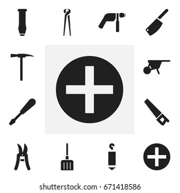 Set Of 12 Editable Equipment Icons. Includes Symbols Such As Cleaver, Pincers, Pickaxes And More. Can Be Used For Web, Mobile, UI And Infographic Design.