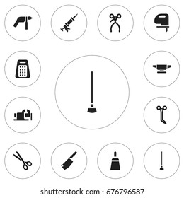 Set Of 12 Editable Equipment Icons. Includes Symbols Such As Sealant, Equipment, Shear And More. Can Be Used For Web, Mobile, UI And Infographic Design.