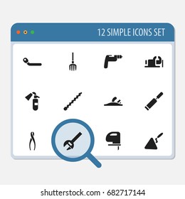 Set Of 12 Editable Equipment Icons. Includes Symbols Such As Key, Tongs, Sprinkler And More. Can Be Used For Web, Mobile, UI And Infographic Design.