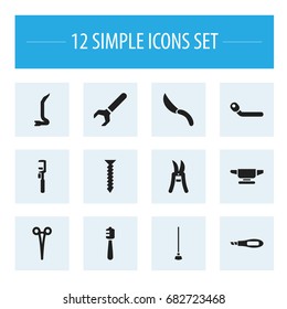 Set Of 12 Editable Equipment Icons. Includes Symbols Such As Jimmy, Jackknife, Blacksmith And More. Can Be Used For Web, Mobile, UI And Infographic Design.