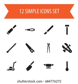 Set Of 12 Editable Equipment Icons. Includes Symbols Such As Pincers, Saw, Vice And More. Can Be Used For Web, Mobile, UI And Infographic Design.