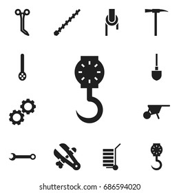 Set Of 12 Editable Equipment Icons. Includes Symbols Such As Handcart, Spanner, Bore. Can Be Used For Web, Mobile, UI And Infographic Design.