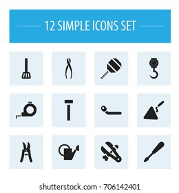 Set Of 12 Editable Equipment Icons. Includes Symbols Such As Band, Kitchen Spatula, Turn-Screw. Can Be Used For Web, Mobile, UI And Infographic Design.