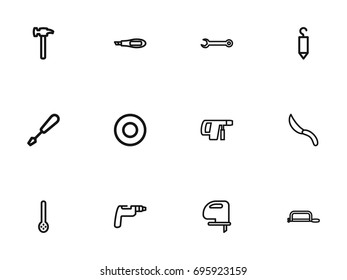 Set Of 12 Editable Equipment Outline Icons. Includes Symbols Such As Spanner, Turn-Screw, Handsaw. Can Be Used For Web, Mobile, UI And Infographic Design.
