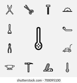 Set Of 12 Editable Equipment Outline Icons. Includes Symbols Such As Circle Spanner, Shear, Garden Scissors And More. Can Be Used For Web, Mobile, UI And Infographic Design.