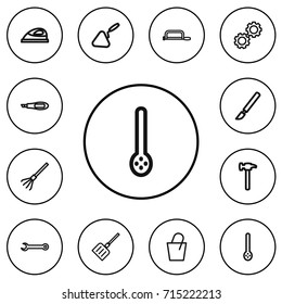 Set Of 12 Editable Equipment Outline Icons. Includes Symbols Such As Spatula, Cogwheel, Pail And More. Can Be Used For Web, Mobile, UI And Infographic Design.