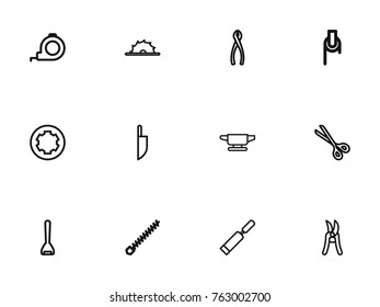 Set Of 12 Editable Equipment Outline Icons. Includes Symbols Such As Shear, Pruning Shears, Glass Cutter And More. Can Be Used For Web, Mobile, UI And Infographic Design.