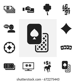 Set Of 12 Editable Excitement Icons. Includes Symbols Such As Lucky Leaf, Cash, Rhombus And More. Can Be Used For Web, Mobile, UI And Infographic Design.