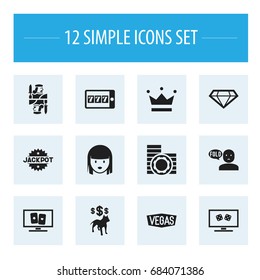 Set Of 12 Editable Excitement Icons. Includes Symbols Such As Phone Game, Gamble, Nevada And More. Can Be Used For Web, Mobile, UI And Infographic Design.